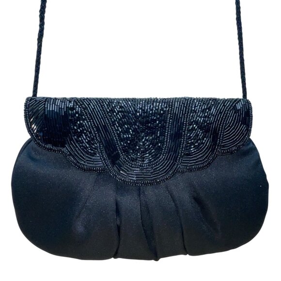 Vintage Black Beaded Satin With Scalloped Flap Design & Long Strap Evening Bag - Picture 1 of 8